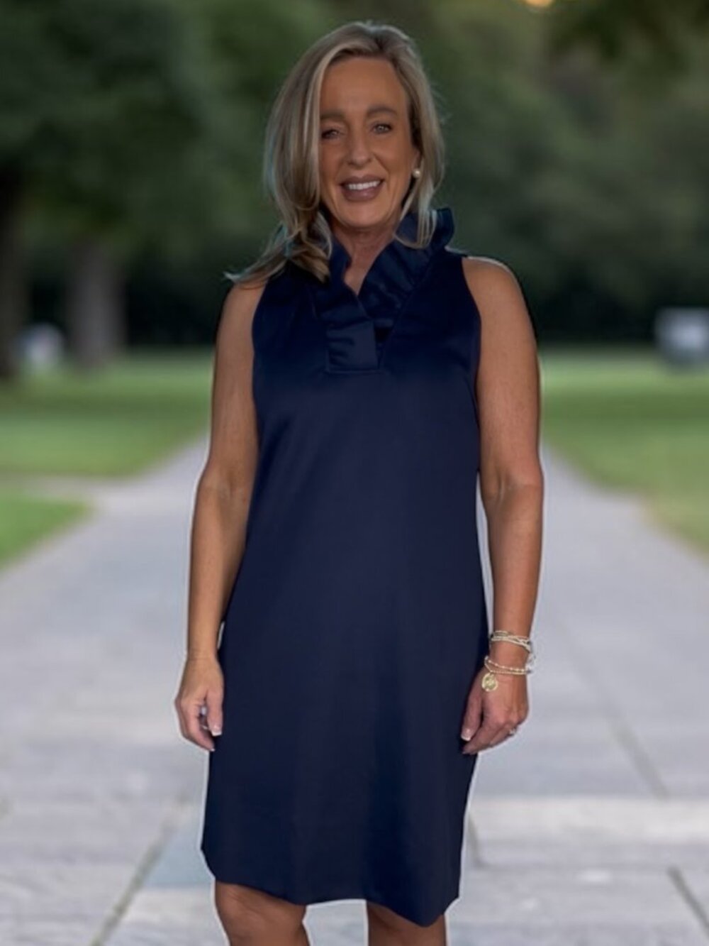 Gretchen Scott Jersey Ruffneck Sleeveless Dress - Navy